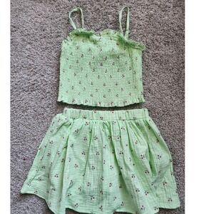 Kids Girls Green Cherry Smocked Ruffle Crop Top Skirt Set 8T